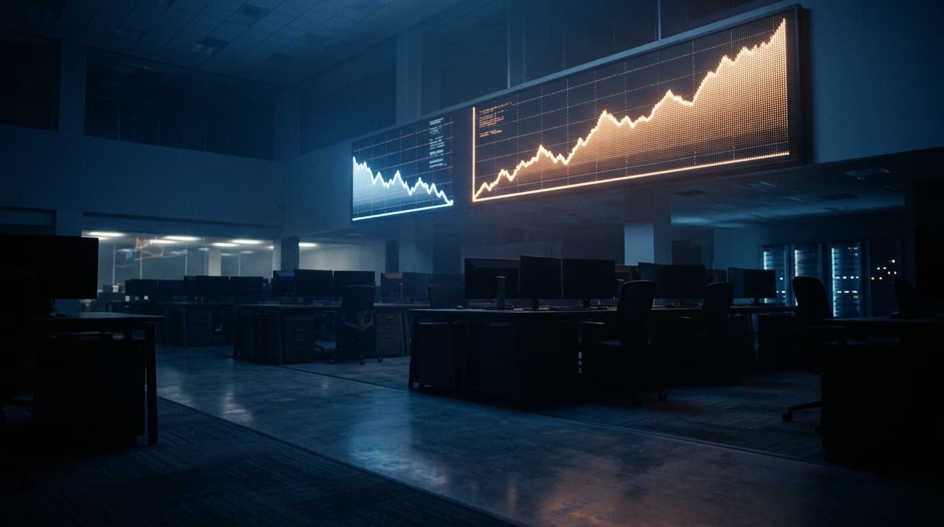 A stylized illustration of an upward stock chart line next to a much smaller downward line on a dark trading-floor background, no people, no text.